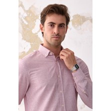 Ravanelli Ravanellı Giza Erkek Keten Görünümlü Pamuklu Slim Fit Dar Kesim Düğmeli Yaka Çizgili Gömlek