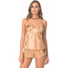 Letsii Saten Babydoll Şortlu Pijama Takımı Gold Renk