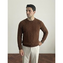 Tarz Cool Erkek Kahverengi Bisiklet Yaka Slim Fit Saç Örgülü Triko Kazak