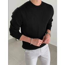 Tarz Cool Erkek Slim Fit Bisiklet Yaka Siyah Triko Kazak Uzun Kollu Günlük Kullanım İçin