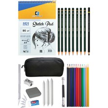 Acuto Alex Schoeller A5 Eskiz Defteri 90 gr Kalemlikli Eskiz Seti Karakalem Çizim Seti Kuruboya Seti 12'li