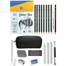 Acuto Alex Schoeller A5 Eskiz Defteri Kalemlik Eskiz Seti Karakalem Çizim Seti Beyaz Jel Kalem Kömür Kalem