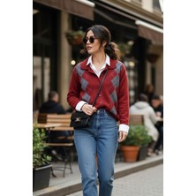 Tarz Cool Kadın Bordo Baklava Desen Düğmeli Tasarım Yeni Trend Triko Hırka