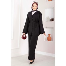 Mat Brit Düğmeli Kuşaklı İkili Takım Siyah