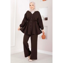 Mat Silva Beli Büzgülü Tunik Takım Kahve