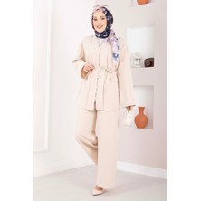 Mat Brit Düğmeli Kuşaklı İkili Takım Bej