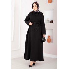 Mat Softline Yarım Düğmeli Kuşaklı Tesettür Elbise Siyah