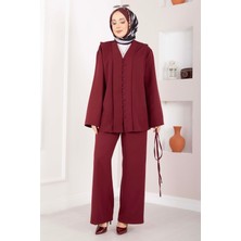 Mat Brit Düğmeli Kuşaklı İkili Takım Bordo