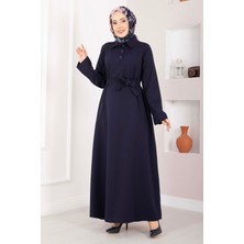 Mat Softline Yarım Düğmeli Kuşaklı Tesettür Elbise Lacivert