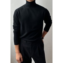 Tarz Cool Erkek Siyah Tam Balıkçı Slim Fit Triko Kazak