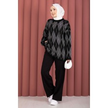 Mo Softie Baklava Desenli Triko Kazak Siyah