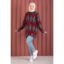 Mo Softie Baklava Desenli Triko Kazak Bordo-Gri