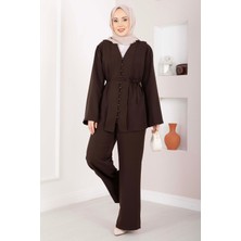 Mat Brit Düğmeli Kuşaklı İkili Takım Kahve