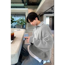 Tarz Cool Erkek Beyaz Düğmeli Regular Polo Yaka Triko Kazak