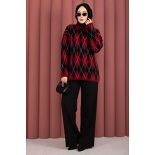Mo Softie Baklava Desenli Triko Kazak Bordo-Siyah