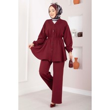 Mat Silva Beli Büzgülü Tunik Takım Bordo