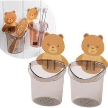 Bulut 2 Adet Oyuncak Ayı Figürlü Çok Fonksiyonlu Diş Fırçası Tutucu, Kalemlik, Kaşıklık, Yapışkanlı,