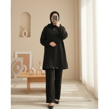 Modamorfo Yarım Fermuarlı Sim Detaylı Kapşonlu Üç İplik Takım  -Siyah