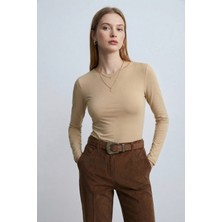 Qaju Kadın Uzun Kollu Bisiklet Yaka Basic Bluz -Ten