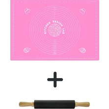 Kittiwake Home Life Pembe Renk 45X65 cm Silikon Hamur Açma Matı ve 42 cm Bambu Saplı Siyah Silikon Merdane