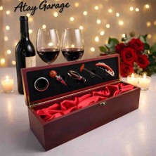 Atay Garage Lüks Ahşap Kutu Tirbuşon Seti 5 Parça Profesyonel Şarap Tirbişon Aksesuarları