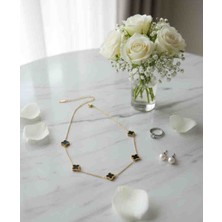 Minel Fashion Altın Renk Siyah Beş Parçalı Yonca Kolye