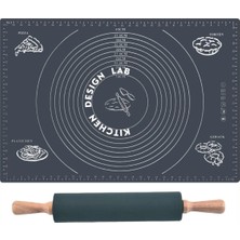 Kittiwake Home Life Gri Renk 45X65 cm Silikon Hamur Açma Matı ve Bambu Saplı Siyah Silikon Merdane