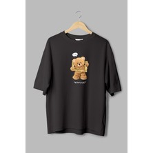Overoz Teddy Bear I'm Famous Baskılı Yarı Oversize Siyah T-Shirt 1140