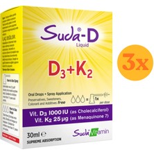 Suda Vitamin Suda-D D3 + K2 Sprey - Damla 30 ml - 3 Adet (90 Ml) - Dezenfektan Hediyeli (%72 Alkol)