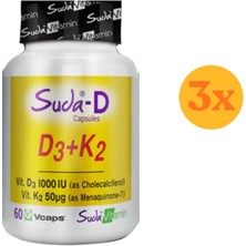 Suda Vitamin Suda-D D3+K2 60 Kapsül - 3 Adet (180 Kapsül) - Dezenfektan Hediyeli (%72 Alkol)