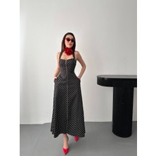 Lokadi Kadın Siyah Puantiyeli Fermuar Detaylı Elbise