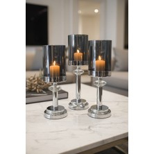 Furkan Metal Kristal Taşlı Büyük Camlı Gümüş Mumluk Şamdanlık