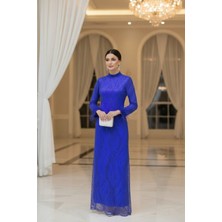 Sarıhan Pul Payet Işlemeli Zarif Saks Mavisi Güpürlü Elbise