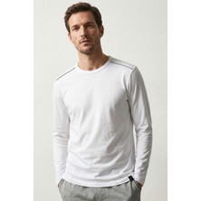 elemge %100 Pamuk Süprem Uzun Kollu Pijama Üstü Erkek T-Shirt Compact Penye Rahat Kalıp Tok Kumaş Beyaz