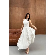 Lokadi Kadın Önü Büzgülü Fırfırlı Uzun Elbise