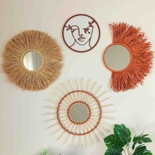 Bubi Home Kiremit Bohem Rafya Bambu Ayna 4'lü Set - El Yapımı Doğal Duvar Dekorasyonu