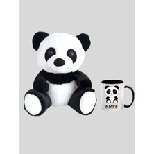 Kişiye Özel Siyah Beyaz Renk Sevimli Peluş Panda ve Siyah Kulplu Içi Siyah Kupa Bardak Hediye