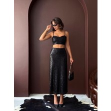 Justa Siyah Payetli Uzun Etek - Yüksek Bel, Şık Gece Elbisesi Kombini