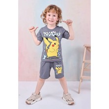 Yağmur Giyim Pjkskt Pikachhu Desenli Füme Şortlu Erkek Çocuk Kısa Kol Takım 7609-F