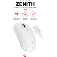 Rampage Zenıth 1k Bt+Wired+2.4g Kablosuz PAW3395 Nordıc 52833 Mcu Kablolu / Bluetooth / 2.4ghz Gaming Oyuncu Mouse Beyaz