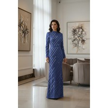 Sarıhan Önü ve Kolları Taş Bezeli Mavi Saten Elbise