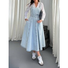 Lokadi Kadın Midi Boy Bantlı Kot Elbise