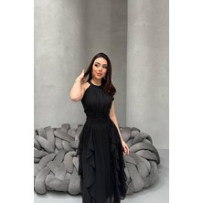 Lokadi Kadın Önü Büzgülü Fırfırlı Uzun Elbise