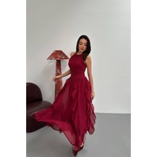 Lokadi Kadın Önü Büzgülü Fırfırlı Uzun Elbise