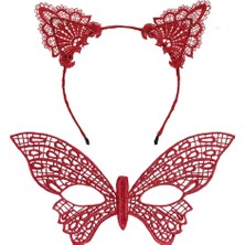 Oyunca Gösterişli Kırmızı Dantel Maske ve Taç Seti 7 No – Masquerade ve Davetler Için