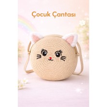 Selvira Kız Çocuk Hasır Kedi Figürlü Omuz Çantası – Yuvarlak Tasarım, Ayarlanabilir Askılı, Hafif ve Şık