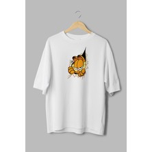 Overoz Kedi Garfield Baskılı Yarı Oversize Beyaz T-Shirt 1139