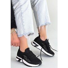 Alfaze Siyah Triko Beyaz Taban Ortopedik Bağcıklı Spor Ayakkabı Topuk Boyu 3 cm