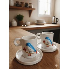 Seda Seramik El Yapımı Kuş Tasarım 4 Parçalı 2 Kişilik Kahve Fincan Takımı 90 ml