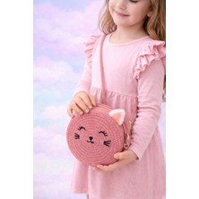 Selvira Kız Çocuk Hasır Kedi Figürlü Omuz Çantası – Yuvarlak Tasarım, Ayarlanabilir Askılı, Hafif ve Şık